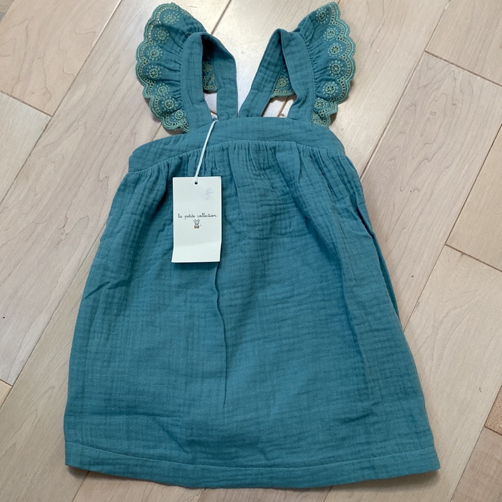 La Petite collection teal organic gauze cotton embroidered scalloped dress